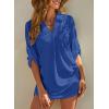 imageDokotoo Womens Summer Beach Cover Ups Casual V Neck Long Sleeve Swimsuit Coverup Pleated Solid Drawstring Dresses ShirtNavy Blue