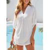 imageDokotoo Womens Summer Beach Cover Ups Casual V Neck Long Sleeve Swimsuit Coverup Pleated Solid Drawstring Dresses ShirtWhite