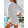 imageDokotoo Womens Summer Beach Cover Ups Casual V Neck Long Sleeve Swimsuit Coverup Pleated Solid Drawstring Dresses ShirtWhite