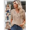 imageDokotoo Womens Summer Tops Waffle Knit Short Sleeve Lightweight Drawstring Hoodies Button V Neck Casual Blouses ShirtsApricot