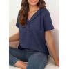 imageDokotoo Womens Summer Tops Waffle Knit Short Sleeve Lightweight Drawstring Hoodies Button V Neck Casual Blouses ShirtsNavy Blue