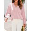 imageDokotoo Womens Tops Casual Pleated V Neck Puff Long Sleeve T Shirts Loose Tunic Business BlousePink