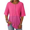 imageDokotoo Womens Waffle Knit Tops 2025 Fashion 34 Sleeve Casual Button Down Shirts Crew Neck Oversized Patchwork BlousesHot Pink