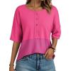 imageDokotoo Womens Waffle Knit Tops 2025 Fashion 34 Sleeve Casual Button Down Shirts Crew Neck Oversized Patchwork BlousesHot Pink