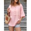 imageDokotoo Womens Waffle Knit Tops 2025 Fashion 34 Sleeve Casual Button Down Shirts Crew Neck Oversized Patchwork BlousesPink