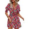 imageDokotoo Summer Dresses for Women 2025 Sexy Wrap V Neck Short Puff Sleeve Elegant Floral Smocked Waist Flowy Mini DressRose
