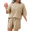 imageDokotoo Summer Two Piece Sets for Women Casual Short Sleeve Shirts and Drawstring Shorts Lounge SetsKhaki