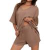 imageDokotoo Womens 2 Piece Loungewear Sets Casual Short Sleeve Womens Tops Drawstring Shorts Pants Waffle Knit SetsChestnut