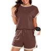 imageDokotoo Womens 2 Piece Outfits Casual Colorblock Short Sleeve Pullover Tops and Drawstring Shorts Pants Lounge SetsCoffee