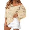 imageDokotoo Womens 2025 Spring Summer Crochet Hollow Out 34 Sleeve Pullover Sweater Off Shoulder TShirtsApricot