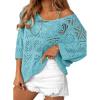 imageDokotoo Womens 2025 Spring Summer Crochet Hollow Out 34 Sleeve Pullover Sweater Off Shoulder TShirtsMist Blue