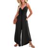 imageDokotoo Womens Jumpsuits Spaghetti Straps Ruched Drawstring Knit Wide Leg Romper Casual Jumpsuits with PocketsBlack