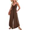 imageDokotoo Womens Jumpsuits Spaghetti Straps Ruched Drawstring Knit Wide Leg Romper Casual Jumpsuits with PocketsBrown