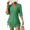 imageDokotoo Womens Summer Beach Cover Ups Casual V Neck Long Sleeve Swimsuit Coverup Pleated Solid Drawstring Dresses ShirtGreen