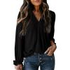 imageDokotoo Womens Tops Casual Pleated V Neck Puff Long Sleeve T Shirts Loose Tunic Business BlouseBlack
