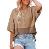 imageDokotoo Womens Waffle Knit Tops 2025 Fashion 34 Sleeve Casual Button Down Shirts Crew Neck Oversized Patchwork BlousesBeige
