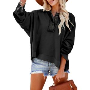 imageDokotoo Hoodies for Women 2024 Fashion Fall V Neck Button Down Long Sleeve Hooded Sweatshirts TopsBlack