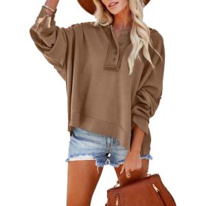 imageDokotoo Hoodies for Women 2024 Fashion Fall V Neck Button Down Long Sleeve Hooded Sweatshirts TopsBrown