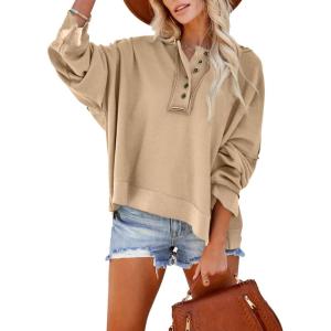 imageDokotoo Hoodies for Women 2024 Fashion Fall V Neck Button Down Long Sleeve Hooded Sweatshirts TopsKhaki