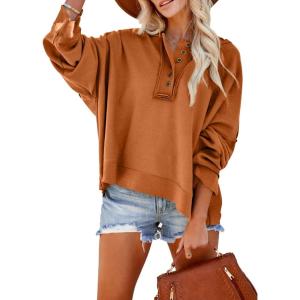 imageDokotoo Hoodies for Women 2024 Fashion Fall V Neck Button Down Long Sleeve Hooded Sweatshirts TopsOrange