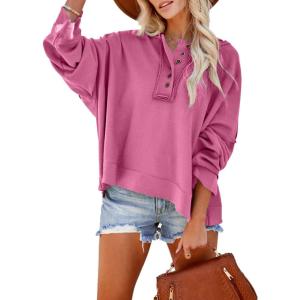imageDokotoo Hoodies for Women 2024 Fashion Fall V Neck Button Down Long Sleeve Hooded Sweatshirts TopsPink 2