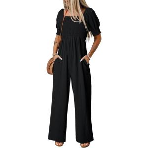 imageDokotoo Jumpsuits for Women 2025 Summer Lantern Sleeves Rompers Wide Leg Casual Overalls with PocketsBlack
