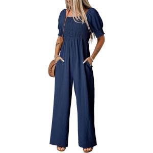 imageDokotoo Jumpsuits for Women 2025 Summer Lantern Sleeves Rompers Wide Leg Casual Overalls with PocketsNavy
