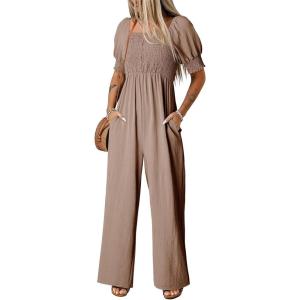 imageDokotoo Jumpsuits for Women 2025 Summer Lantern Sleeves Rompers Wide Leg Casual Overalls with PocketsPale Khaki