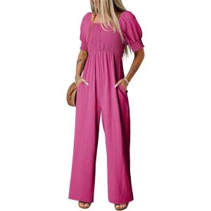imageDokotoo Jumpsuits for Women 2025 Summer Lantern Sleeves Rompers Wide Leg Casual Overalls with PocketsRose