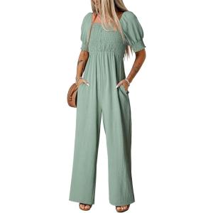imageDokotoo Jumpsuits for Women 2025 Summer Lantern Sleeves Rompers Wide Leg Casual Overalls with PocketsSage Green
