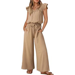 imageDokotoo Jumpsuits for Women 2025 Summer Ruffle Sleeves Square Neck Rompers Drawstring Overalls with PocketsApricot
