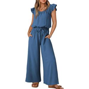 imageDokotoo Jumpsuits for Women 2025 Summer Ruffle Sleeves Square Neck Rompers Drawstring Overalls with PocketsAshleigh