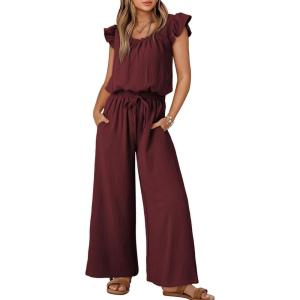 imageDokotoo Jumpsuits for Women 2025 Summer Ruffle Sleeves Square Neck Rompers Drawstring Overalls with PocketsBurgundy
