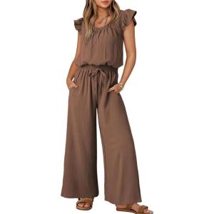 imageDokotoo Jumpsuits for Women 2025 Summer Ruffle Sleeves Square Neck Rompers Drawstring Overalls with PocketsCoffee