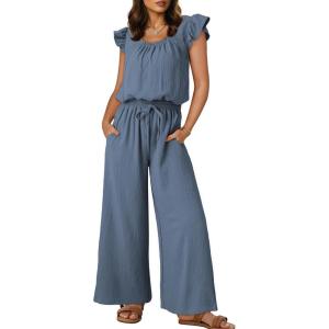 imageDokotoo Jumpsuits for Women 2025 Summer Ruffle Sleeves Square Neck Rompers Drawstring Overalls with PocketsIvy