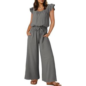 imageDokotoo Jumpsuits for Women 2025 Summer Ruffle Sleeves Square Neck Rompers Drawstring Overalls with PocketsMedium Grey