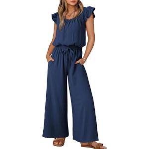 imageDokotoo Jumpsuits for Women 2025 Summer Ruffle Sleeves Square Neck Rompers Drawstring Overalls with PocketsNavy