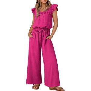 imageDokotoo Jumpsuits for Women 2025 Summer Ruffle Sleeves Square Neck Rompers Drawstring Overalls with PocketsRose