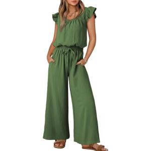 imageDokotoo Jumpsuits for Women 2025 Summer Ruffle Sleeves Square Neck Rompers Drawstring Overalls with PocketsVineyard