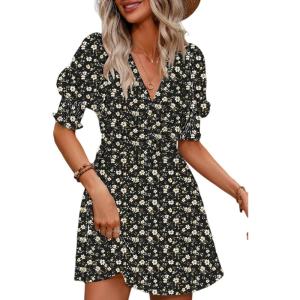 imageDokotoo Summer Dresses for Women 2025 Sexy Wrap V Neck Short Puff Sleeve Elegant Floral Smocked Waist Flowy Mini DressBlack