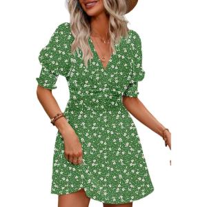 imageDokotoo Summer Dresses for Women 2025 Sexy Wrap V Neck Short Puff Sleeve Elegant Floral Smocked Waist Flowy Mini DressGreen