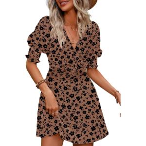 imageDokotoo Summer Dresses for Women 2025 Sexy Wrap V Neck Short Puff Sleeve Elegant Floral Smocked Waist Flowy Mini DressYellow