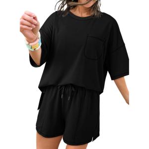 imageDokotoo Summer Two Piece Sets for Women Casual Short Sleeve Shirts and Drawstring Shorts Lounge SetsBlack