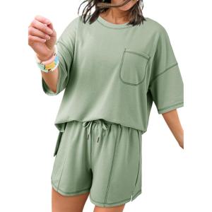 imageDokotoo Summer Two Piece Sets for Women Casual Short Sleeve Shirts and Drawstring Shorts Lounge SetsGreen