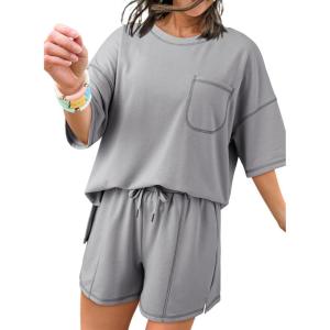 imageDokotoo Summer Two Piece Sets for Women Casual Short Sleeve Shirts and Drawstring Shorts Lounge SetsGrey