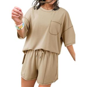 imageDokotoo Summer Two Piece Sets for Women Casual Short Sleeve Shirts and Drawstring Shorts Lounge SetsKhaki