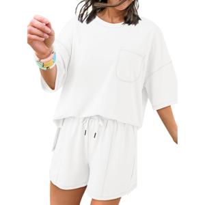imageDokotoo Summer Two Piece Sets for Women Casual Short Sleeve Shirts and Drawstring Shorts Lounge SetsWhite