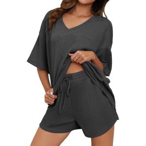 imageDokotoo Womens 2 Piece Loungewear Sets Casual Short Sleeve Womens Tops Drawstring Shorts Pants Waffle Knit SetsCarbon Grey