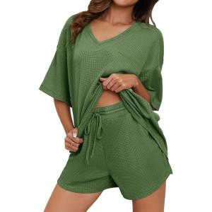 imageDokotoo Womens 2 Piece Loungewear Sets Casual Short Sleeve Womens Tops Drawstring Shorts Pants Waffle Knit SetsFern Green