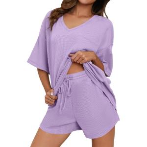 imageDokotoo Womens 2 Piece Loungewear Sets Casual Short Sleeve Womens Tops Drawstring Shorts Pants Waffle Knit SetsOrchid Petal